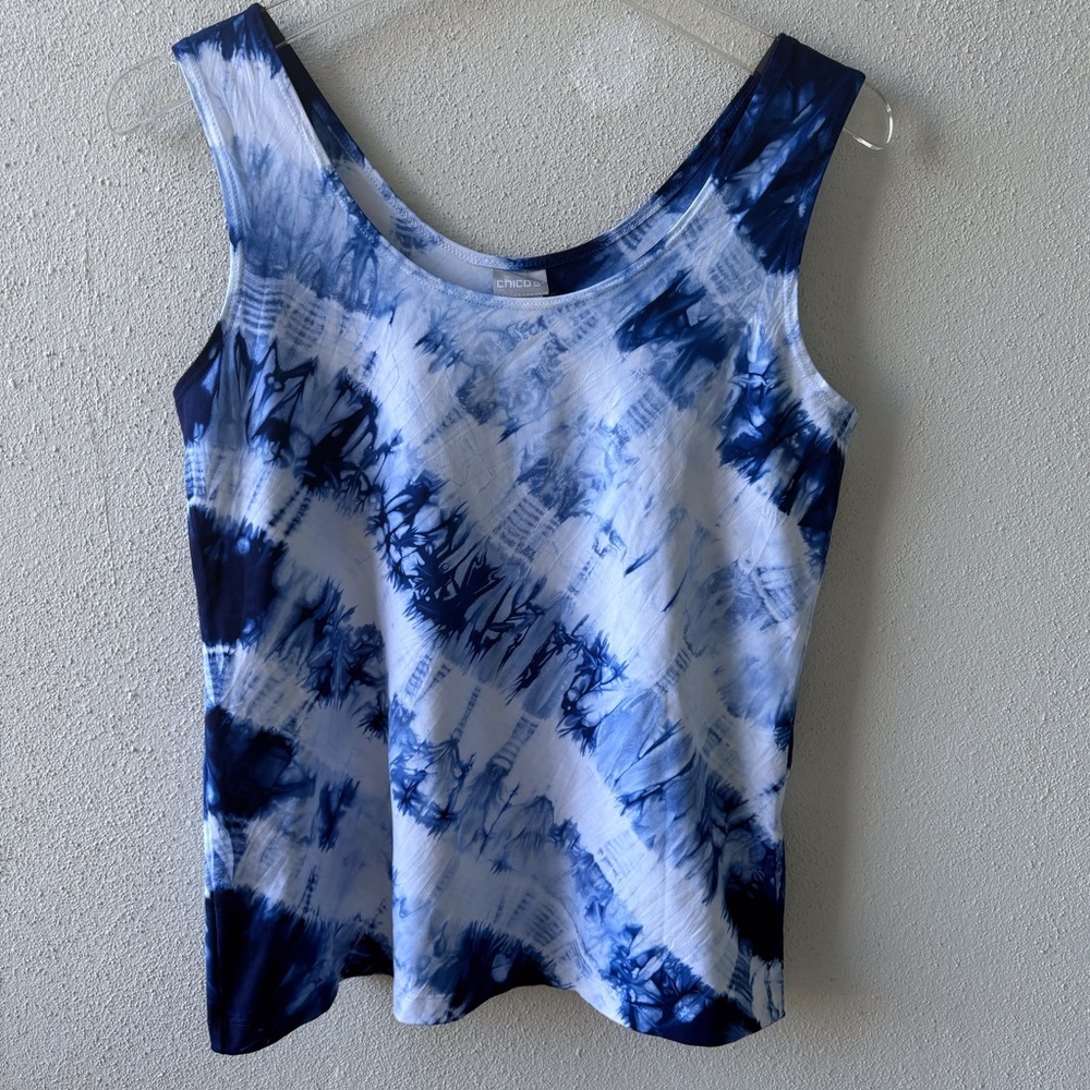 Chico’s Size M Blue White Tank Stretch Office Teacher Casual Contemporary Travel